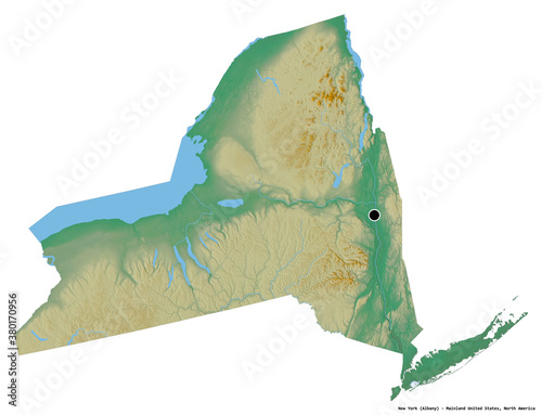 New York, state of Mainland United States, on white. Relief