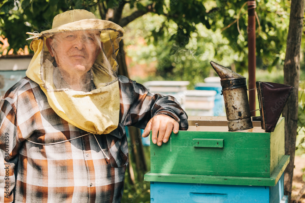 Portrait of beekeeper , posing on his beehives Portrait of beekeeper , posing on his beehives