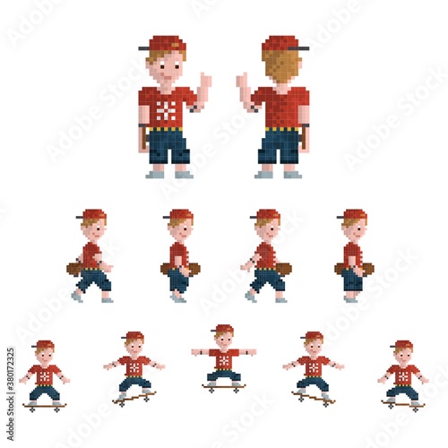 Set of pixel art skateboarder icons