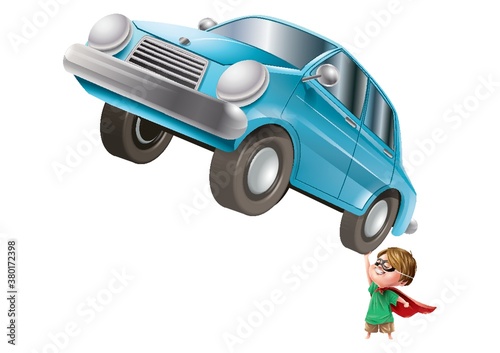 Super son lifting a car
