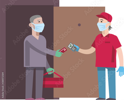Food delivery: a guy in a mask and gloves brought pizza in boxes to a man. Contactless pizza delivery for a holiday during the coronavirus. Cashless payments. Vector illustration. Flat infographics.