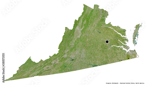 Virginia, state of Mainland United States, on white. Satellite