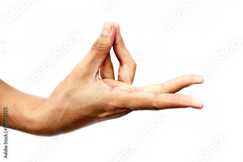 Close up shot of male hand demonstrating Prana Yoga Mudra isolated over white background. Horizontal shot. photo