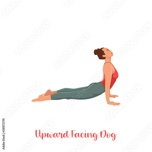 Woman practicing urdhva mukha svanasana exercise flat vector illustration. Yoga practice. Girl doing upward facing dog pose isolated cartoon character with outline elements on white background