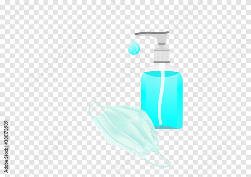 medical face mask and alcohol gel vectors for hygienic and anti bacterial health care in Covid-19 pandemic era islolated on transparency background