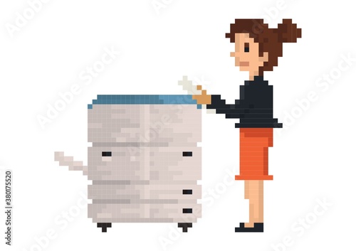 Pixel art businesswoman with photocopy machine