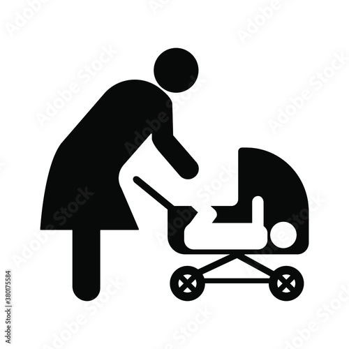 Mom and baby in a stroller, black on a white background, sign for design, vector illustration