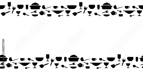 Seamless border with kitchen utensils. Black Silhouettes of Cutlerys on a white background. Vector illustration in flat style