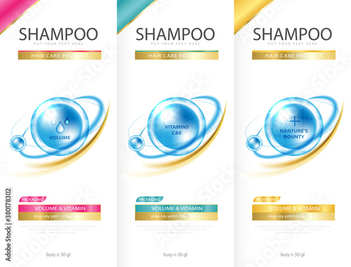 Hair care design of shampoo. cosmetic for design the effects of protection and shine and radiance of hair on a bright. Vector illustration.