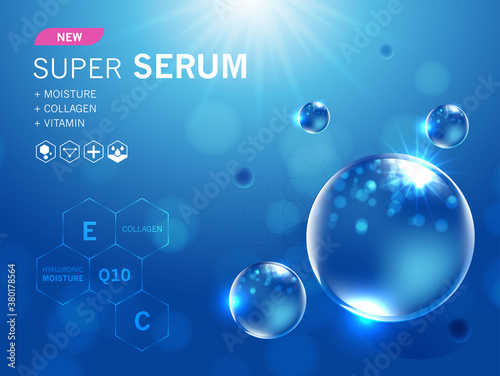 Collagen serum and vitamin, hyaluronic acid skin solutions with cosmetic advertising background ready to use. Illustration vector design.