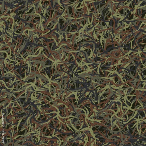 Camouflage needles plants, seamless pattern. Grunge ghillie green background
