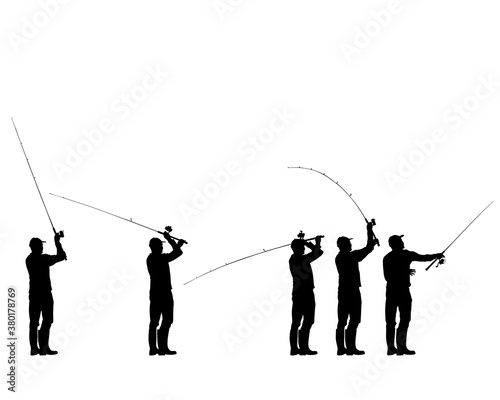 Fisherman with a fishing rod on shore. Isolated silhouette of a man on a white background