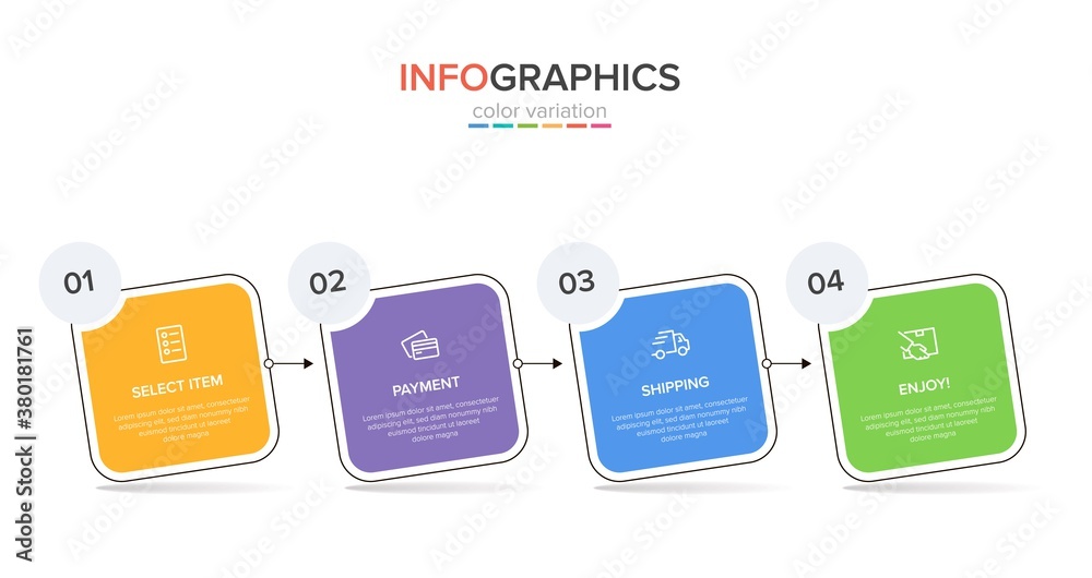 Obraz premium Concept of shopping process with 4 successive steps. Four colorful graphic elements. Timeline design for brochure, presentation, web site. Infographic design layout.