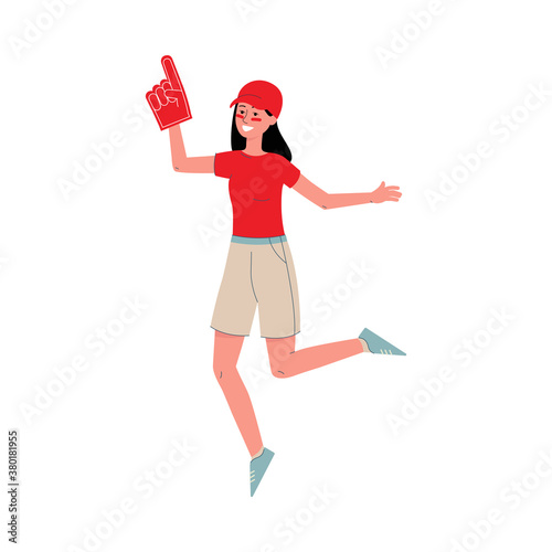 Woman a sport fan supporting favorite team, flat vector illustration isolated.