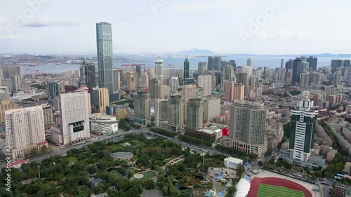 aerial shot of dalian city center
