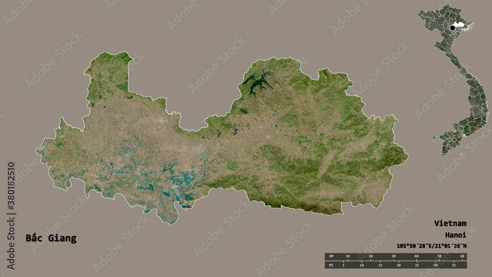 Bac Giang, province of Vietnam, zoomed. Satellite