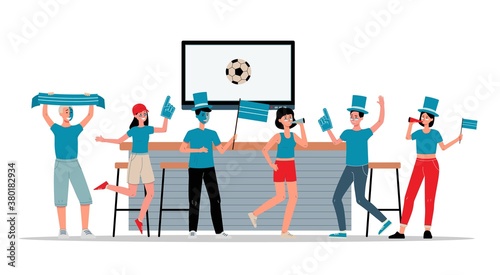 Sport club with football fans supporting their team, flat vector illustration.