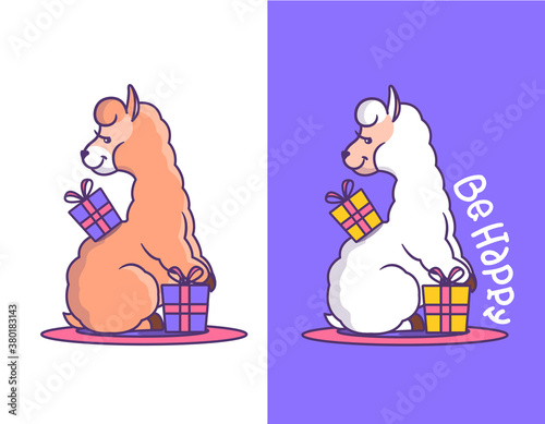 The happy llamas alpacas are on the birthday party. Cartoonish animals