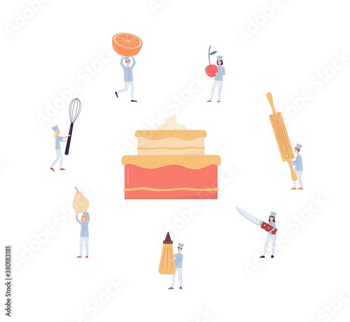 Tiny confectioners decorating a huge cake, flat vector illustration isolated.