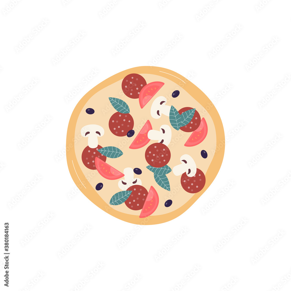 Top of whole pizza with sausage and mushrooms flat vector illustration isolated. Top of whole pizza with sausage and mushrooms flat vector illustration isolated.