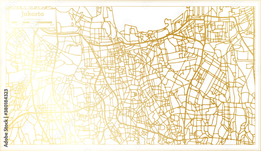 Jakarta Indonesia City Map in Retro Style in Golden Color. Outline Map.