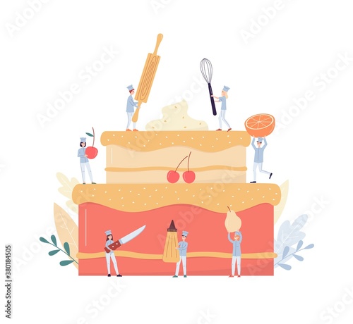 Tiny confectioners and bakers decorate cake flat vector illustration isolated.