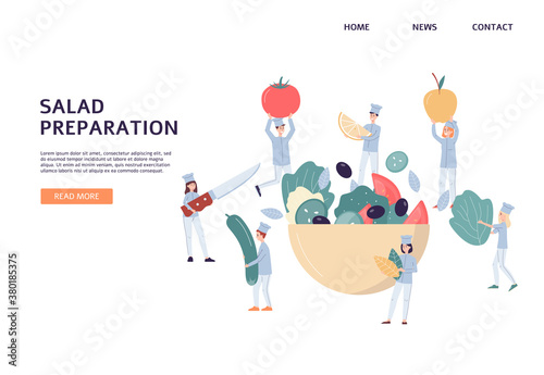 Tiny chef team preparing salad - cartoon people holding food ingredients