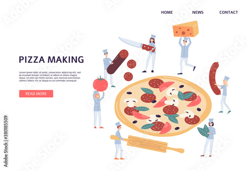 Web banner for pizzeria wit tiny chiefs making pizza, flat vector illustration.