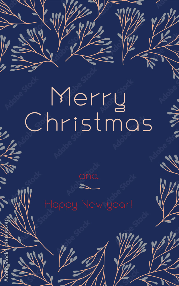 Fototapeta Merry Christmas vertical banner template in vector on blue background. Winter sale with floral pattern. New Year seasonal celebration greeting card. Pinecone Xmas branches and isolated leaves.