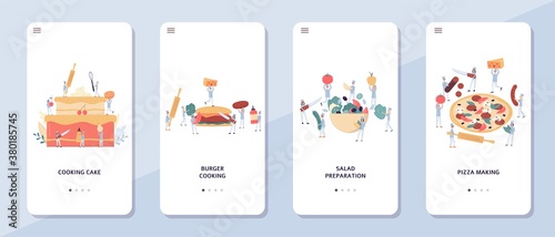 Mobile app screens of food delivery with tiny chefs, flat vector illustration.