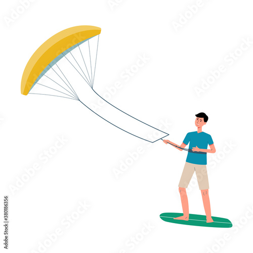 Kitesurfing sportsman on board with parachute, flat vector illustration isolated.