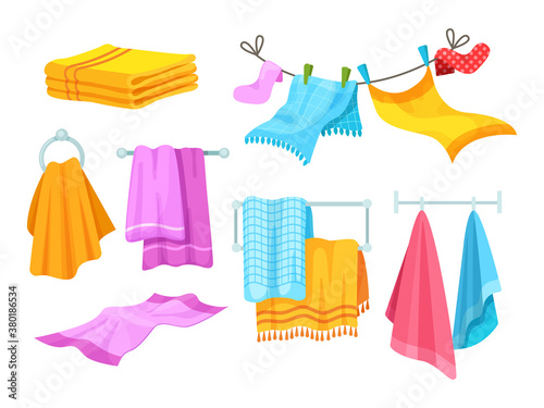 Bath and kitchen towels. Fabric towel hanging on ring, rolled cloth towels, flying towels hanging from a rope, linen on dryer. Bathroom textile cartoon vector