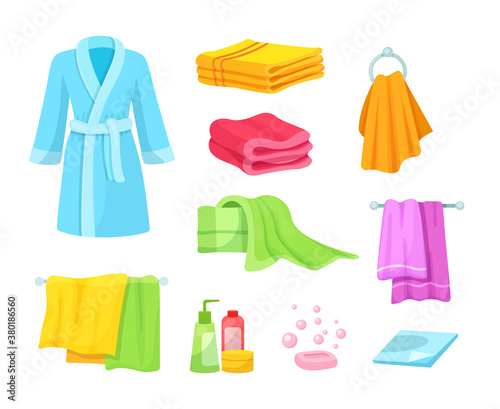 Bath accessories cartoon set. Differents bath towels, bathrobes, hygiene products, towels in stack rolled, clothes dryer, hanging accessories, soap dishes, brooms for bathroom cartoon