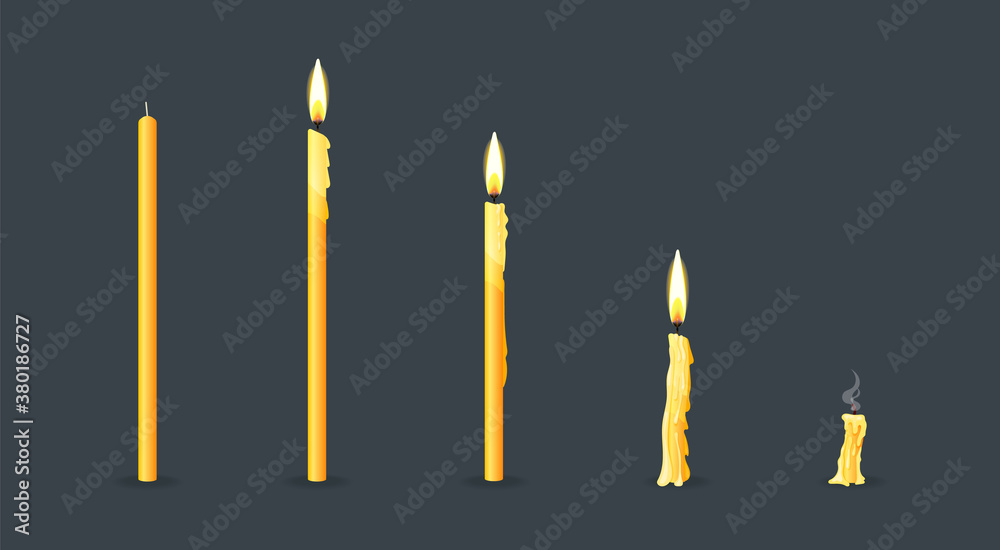 Burning candles flame set. Cartoon burning church wax candles on the