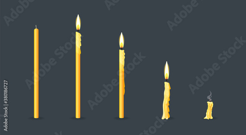 Burning candles flame set. Cartoon burning church wax candles on the different stages of burning from a whole before an extinguished candle to cinder vector