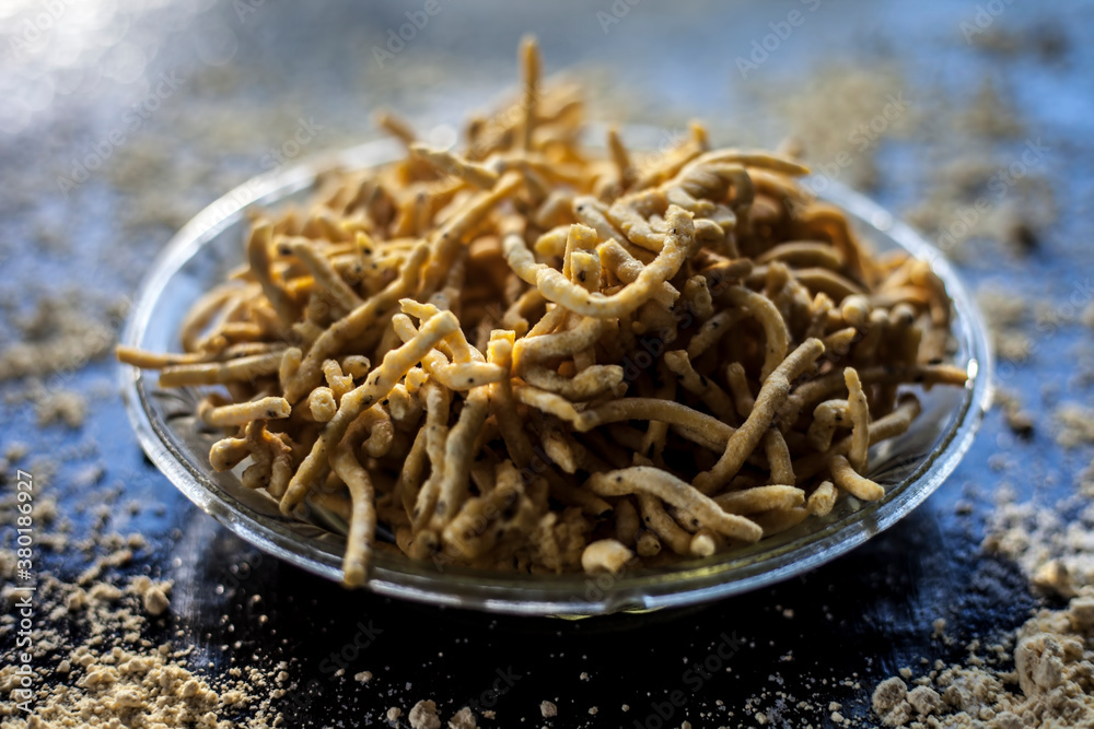 Close up shot of Gujarati famous tea-time snack dish Bhavnagiri gathiya in a serving plate. Shot of freshly prepared thikkha bhavnagari gathiya in a serving plate. Close up shot of Gujarati famous tea-time snack dish Bhavnagiri gathiya in a serving plate. Shot of freshly prepared thikkha bhavnagari gathiya in a serving plate.