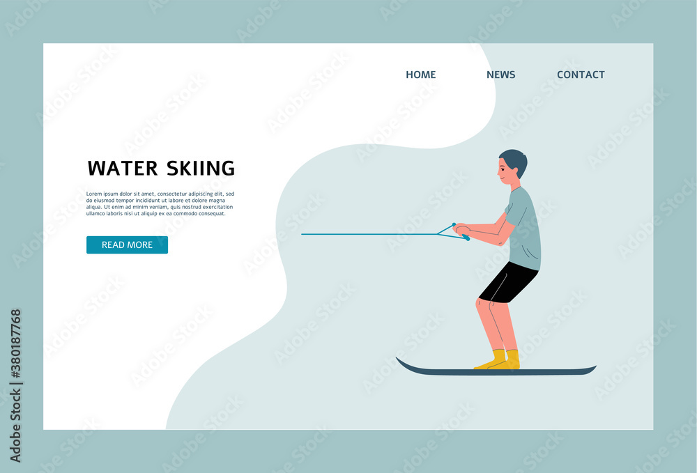 Webpage of waterskiing sport training and activity flat vector illustration.