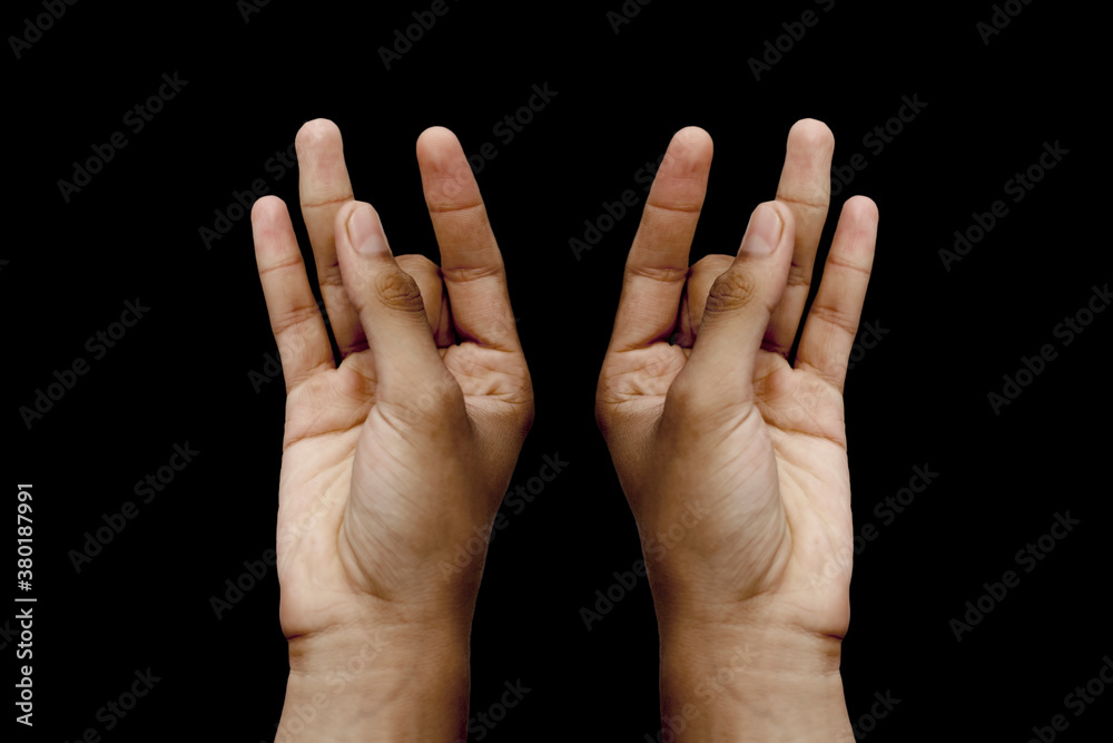 Pair of Hands Showing mudra sign, mudra yoga isolatedd in black, high quality image.