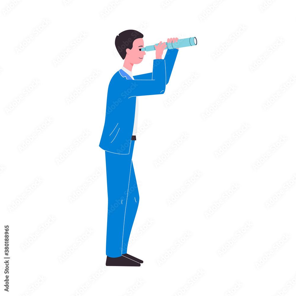 Businessman looking through a spyglass, flat vector illustration isolated.