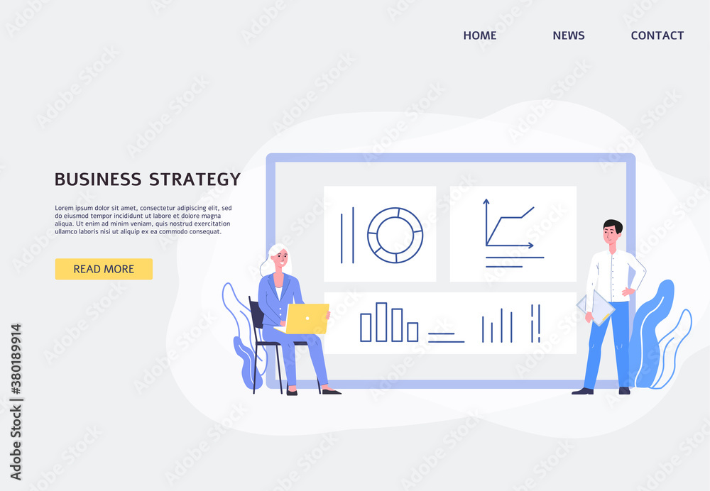 Website for business strategy development with people, flat vector illustration.