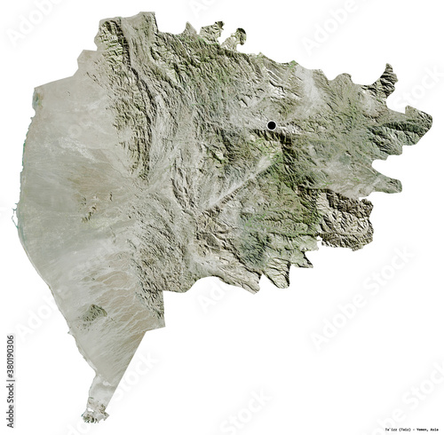 Ta`izz, governorate of Yemen, on white. Satellite photo
