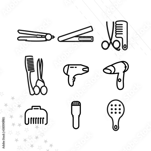 hair care line icon set with hairdryer, hair comb, straightening forceps, Blow dry