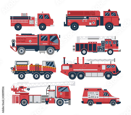 Fire engine and firetruck set - isolated red emergency vehicle collection