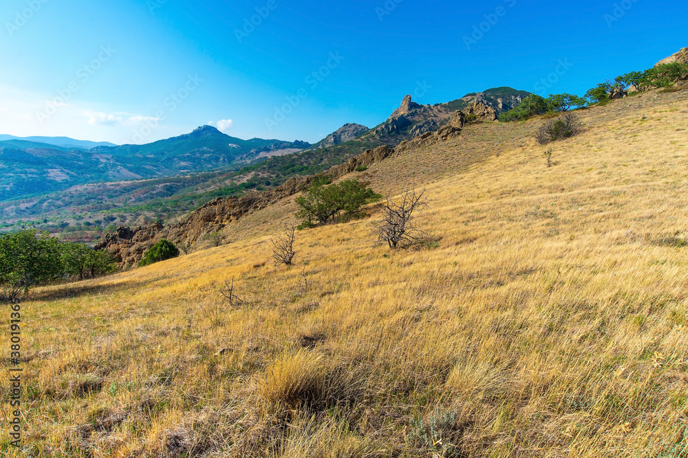 Naklejka premium Yellow mountain slope with dry grass, in the distance tops of mountains, Crimea.