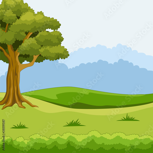 Nature landscape background with green grass and trees