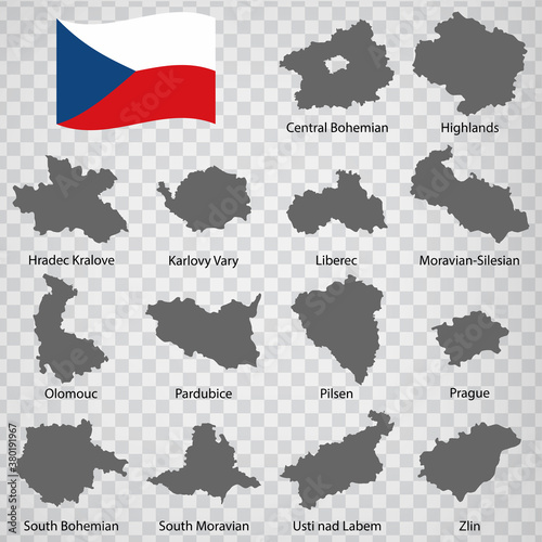 Fourteen Maps Regions of Czech Republic - alphabetical order with name. Every single map of Province are listed and isolated with wordings and titles. Czech Republic. EPS 10.