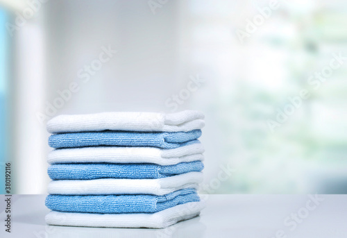 Stack of towels on table,household and laundry.