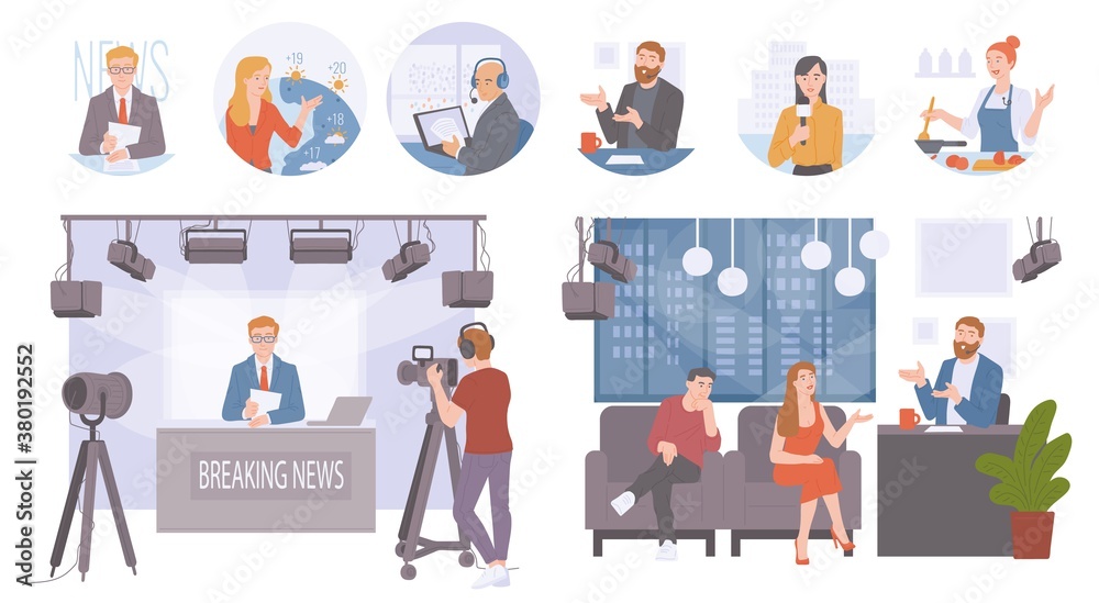 TV live news show scenes and characters set flat vector illustration isolated.