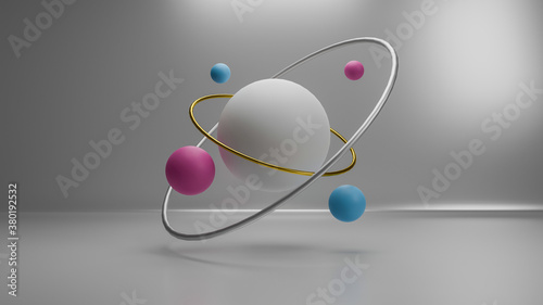 Planet or atom concept in white background. 3D illustration