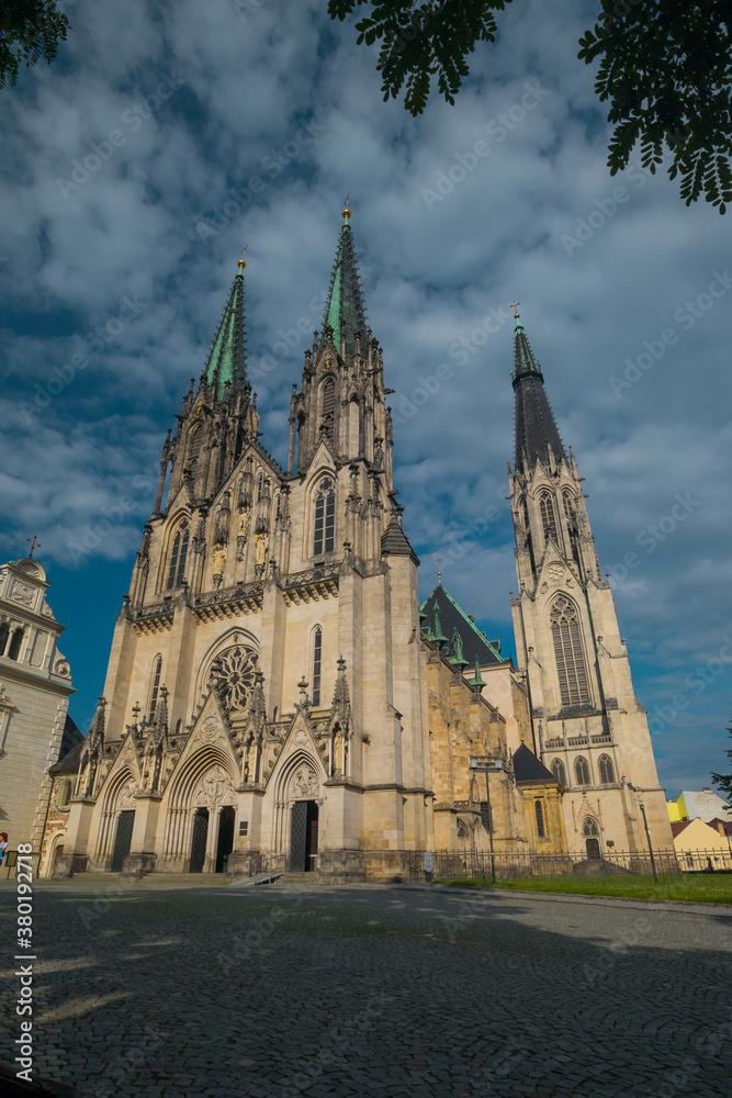 The cathedral of Saint Wenceslas in Olomouc downtown in Czech republic on a sunny summer day. Vertical photo.